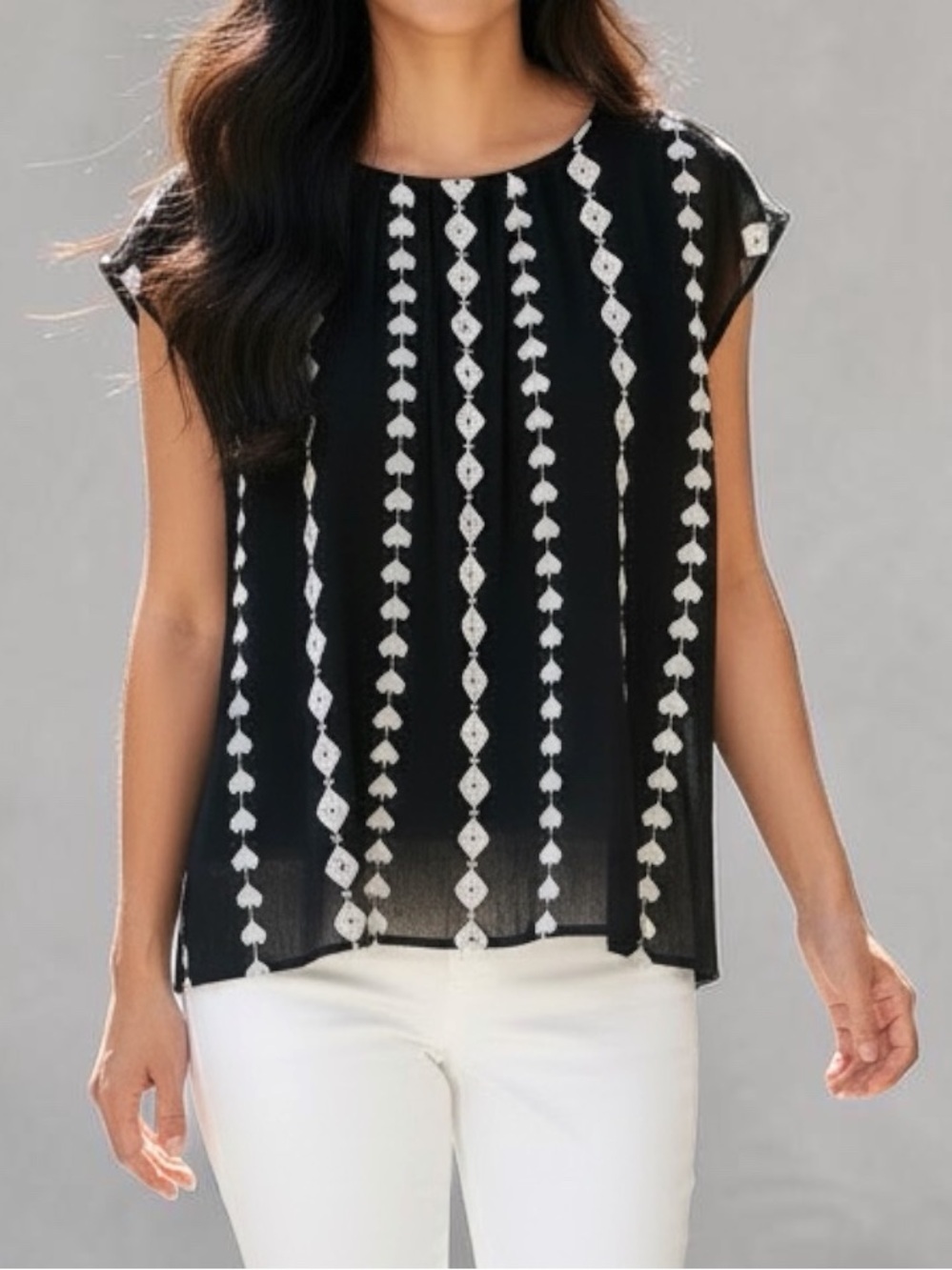 Vince Camuto Embroidered Stripe Cap Sleeve Semi Sheer Top Tank Lining Size S